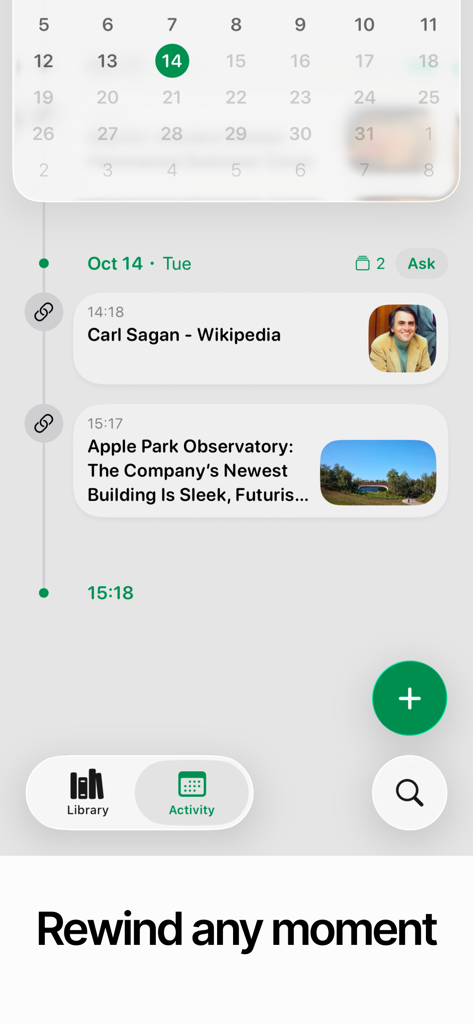 Savespace Bookmark AI - Savespace app interface showing a chronological timeline of saved bookmarks with a calendar view and rewind any moment headline