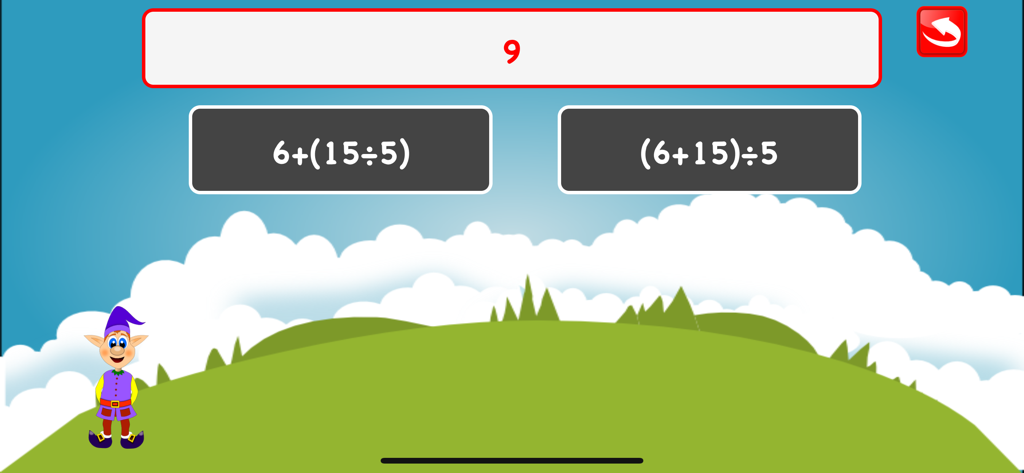 Fifth Grade Math Games Kids - Pantalla de juego educativo de matemáticas que muestra un problema de orden de operaciones con paréntesis y un personaje de elfo amigable.