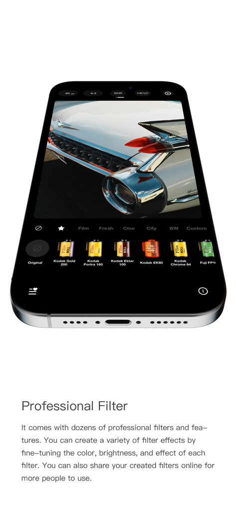 FotorGear - Camera in Pocket - FotorGear app interface showing professional film stock filters applied to a photo of a vintage car