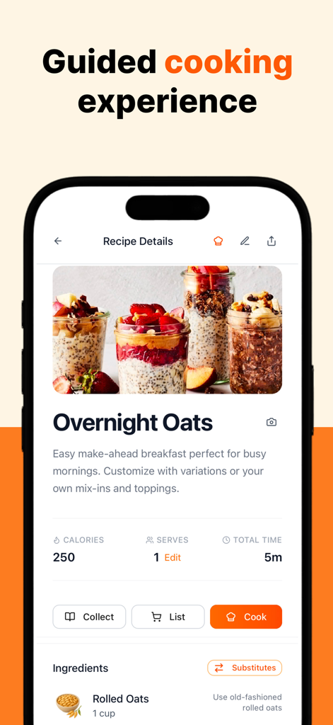 CookBook Recipe & Meal Planner - A mobile app interface displaying a recipe for Overnight Oats with calorie information and guided cooking features.