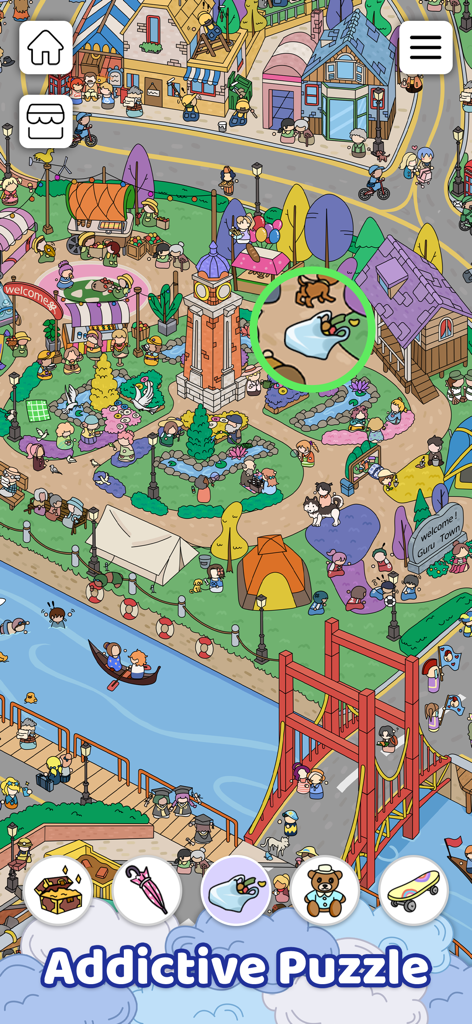 Um mapa colorido de cidade de desenho animado no jogo Objetos Escondidos Encontre com um item de sacola de compras destacado em um círculo verde.