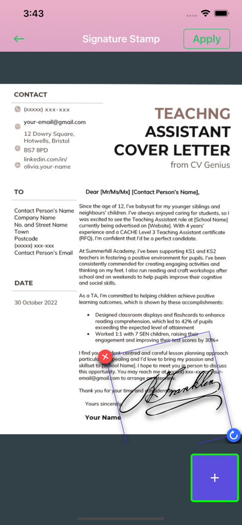 Une interface mobile montrant une signature manuscrite appliquée à une lettre de couverture à l'aide de l'outil de tampon de signature.