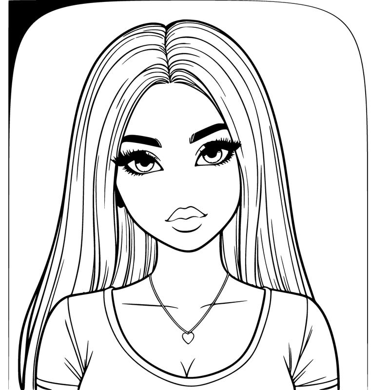 “create a highly detailed illustration of a young woman with long, straight hair that is neatly parted in the middle, cascading over her shoulders. focus closely on capturing the subtle facial features: almond-shaped eyes with soft but defined eyelashes, arched eyebrows, a small, slightly upturned nose, and full, glossy lips. include fine details such as the natural contours of her cheeks and jawline. she is wearing a fitted t-shirt and a delicate necklace with a small heart-shaped pendant. the background is plain and untextured to emphasize the intricate details of her face and hair. ensure the shading and line work reflect the realism of her expression and proportions.”