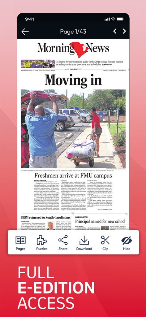 SCNow Florence Morning News - Digital E-edition interface of the Florence Morning News mobile app featuring local news headlines.