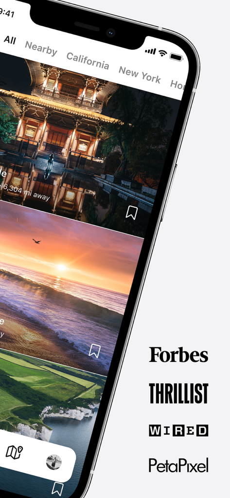 Explorest mobile app interface displaying professional travel photography locations and media recognition logos