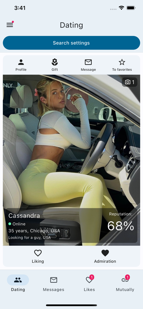 InDating - Dating and Chat - InDating app user profile showing Cassandra from Chicago with reputation score and navigation icons
