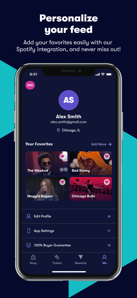 Vivid Seats app screen for personalizing user feed with favorite artists and sports teams