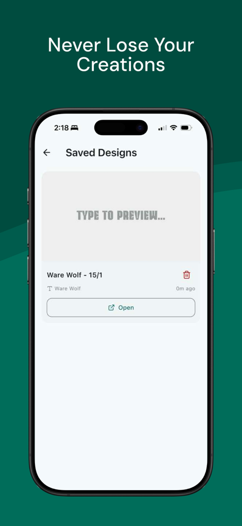 TextKit: Fonts & Status Editor - Interfaz de la aplicación TextKit mostrando una lista de diseños de fuentes y estados guardados en un iPhone