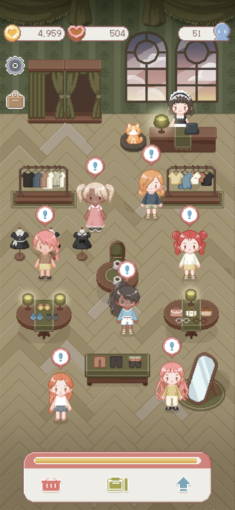 Tiny Boutique : Fashion Game - Pixel art gameplay showing customers browsing a cozy fashion boutique