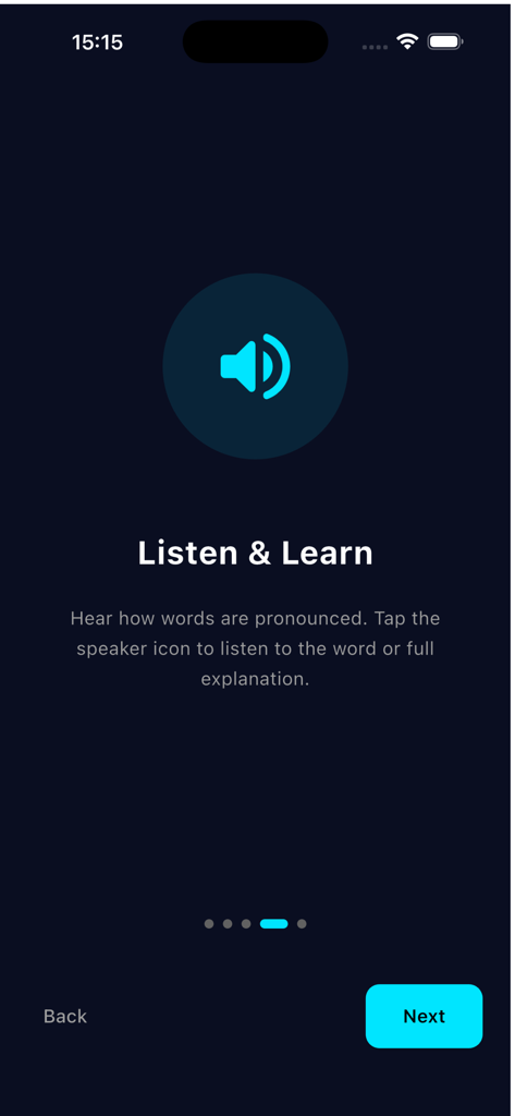 Word Explainer - Onboarding screen for Word Explainer app featuring the Listen and Learn audio pronunciation tool