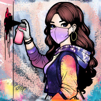 realistic girl with mask spray painting a wall