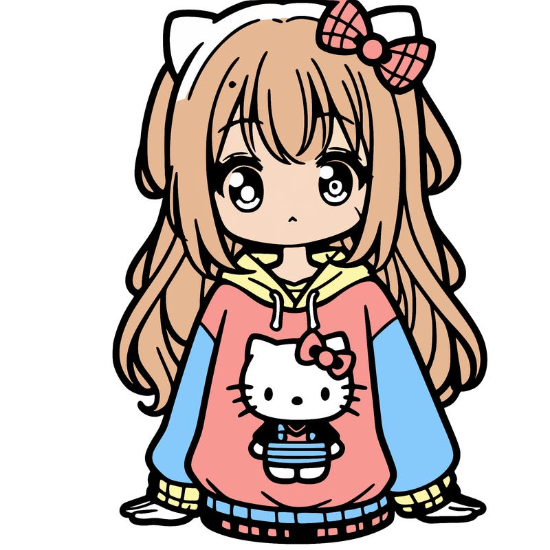 cute anime girl wearing a kuromi from hello kitty sweatshirt