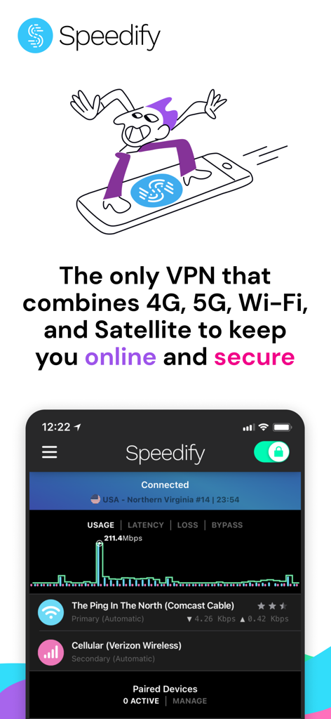 Speedify: Fast Bonding VPN - Speedify app interface displaying bonded Wi-Fi and cellular connections for stable high speed internet
