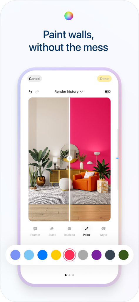 Spacia: AI Home Design - Spacia app interface showing AI-powered virtual wall painting with a before and after comparison.