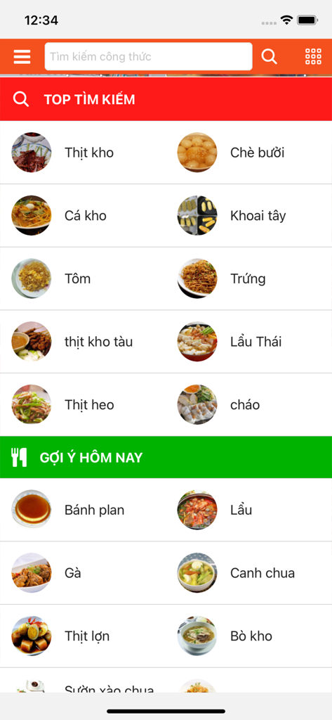 Mobile app interface of 365 mon an ngon moi ngay displaying popular Vietnamese dishes and daily meal recommendations.