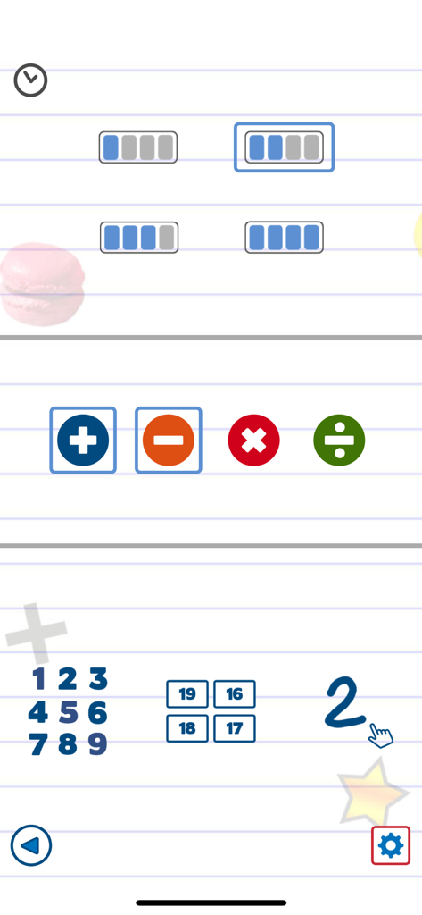 Math games for kids. - User interface of AB Math game showing math operations and interactive numbers on a notebook background