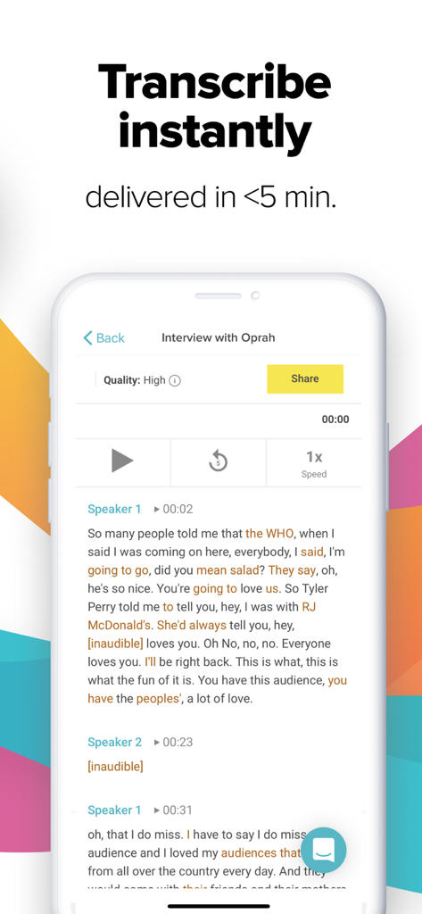 Temi - Recorder & Transcriber - Temi app interface showing an interview transcript with speaker labels and audio playback controls