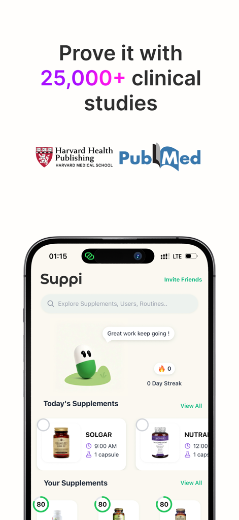 Suppi - Supplement Scanner - Suppi app dashboard showing supplement tracking and scientific validation from Harvard Health and PubMed clinical studies