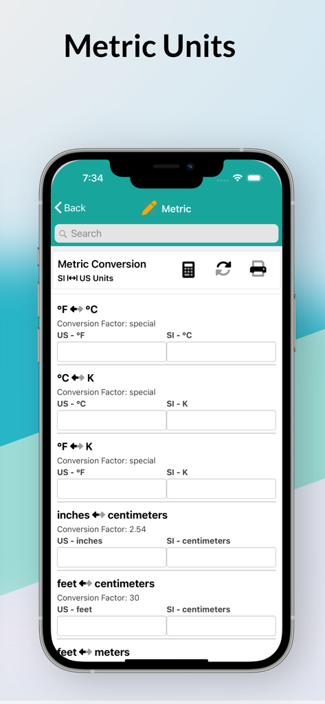 Une interface d'application mobile montrant les conversions métriques pour la température et la longueur dans un contexte médical.