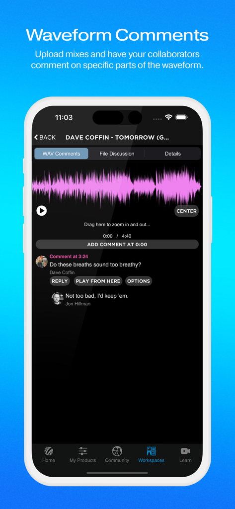 MyPreSonus - オーディオコラボレーションとミックスフィードバックのための波形コメント機能を表示するMyPreSonusアプリインターフェース
