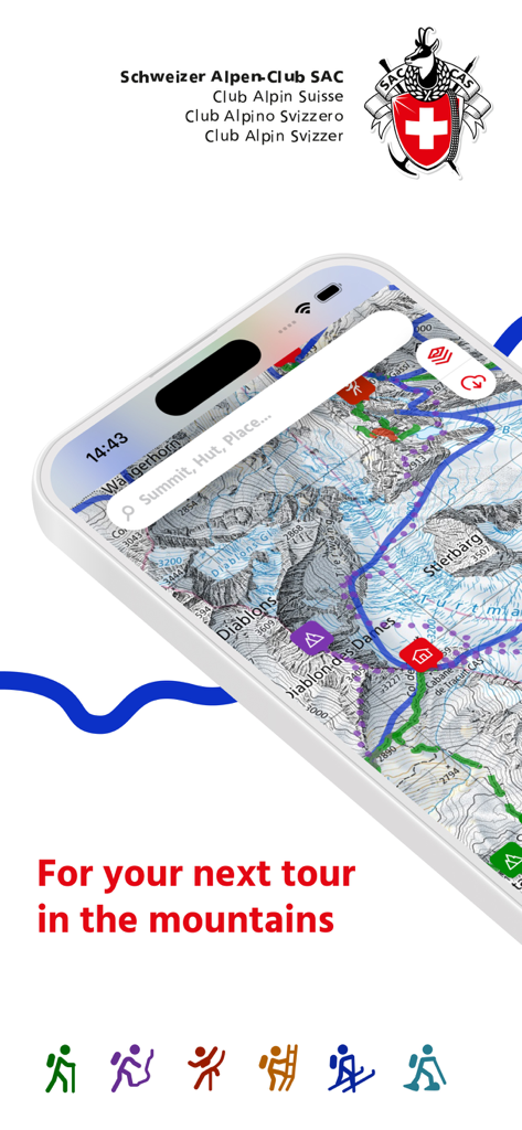 SAC – Swiss Alpine Club - Interfaz de la aplicación SAC Swiss Alpine Club mostrando un mapa topográfico de las montañas suizas e iconos de senderismo