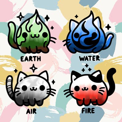 4 cats that represent the different elements, earth, water, air, and fire