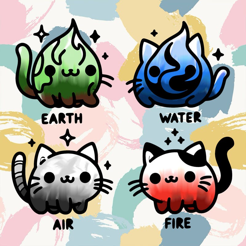 4 cats that represent the different elements, earth, water, air, and fire