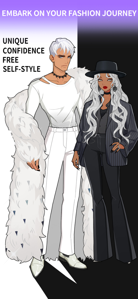 Two fashionable avatars in stylish white and black outfits from SuitU.