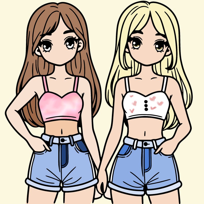 two sisters with crop tops and jean shorts and straight hair