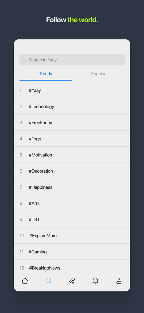 Yaay app search screen displaying a list of trending hashtags and categories like technology and gaming