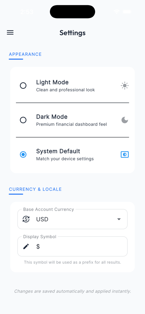 Tela de configurações do aplicativo Calculadoras Forex Offline mostrando opções de aparência e moeda