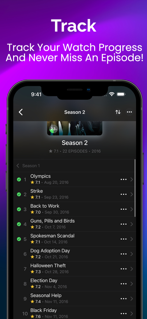 Originals for Peacock TV - Interfaz de la aplicación móvil que muestra una lista de episodios de TV con marcas de verificación para el progreso de visualización seguido