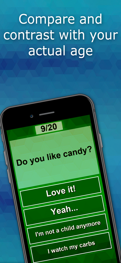 Un smartphone affichant une question de quiz d'âge mental sur les bonbons avec des réponses à choix multiples.