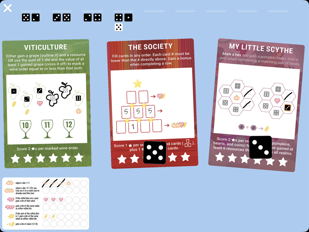 Rolling Realms - Digital board game interface of Rolling Realms showing Viticulture The Society and My Little Scythe realm cards