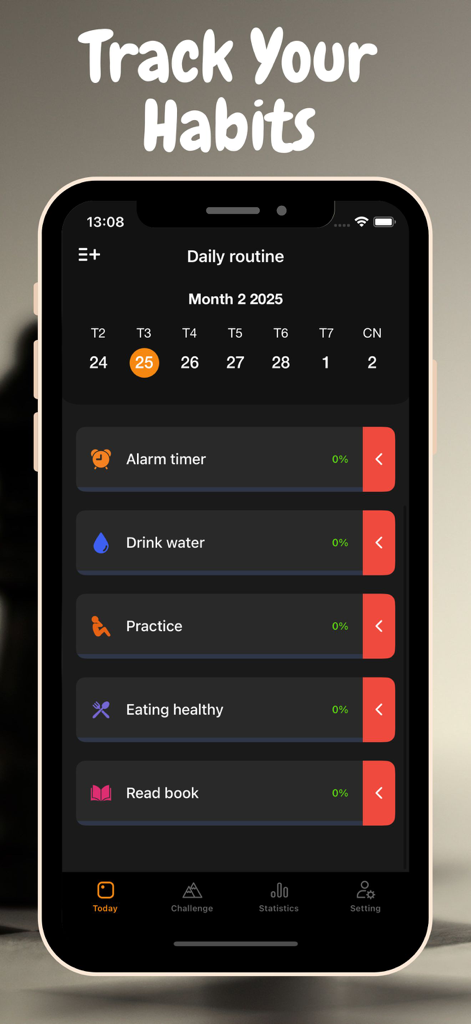 Habit Master - Track Daily - Mobile app interface of Habit Master displaying a list of daily habits to track like drinking water and reading.
