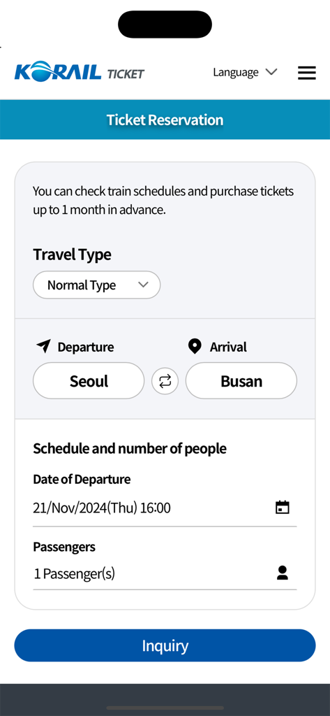 코레일톡4 - KorailTalk app ticket reservation screen showing Seoul to Busan route selection