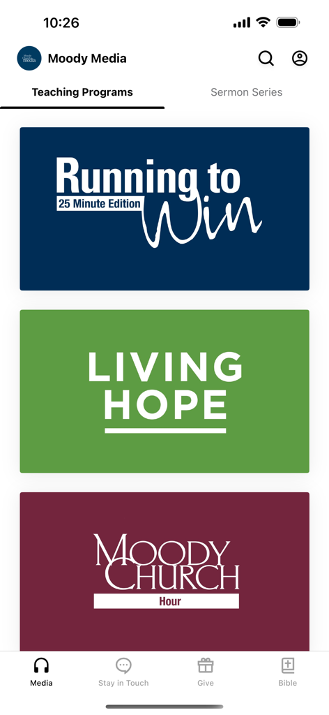 Screenshot of the Moody Media app showing various teaching programs like Running to Win, Living Hope, and Moody Church Hour.