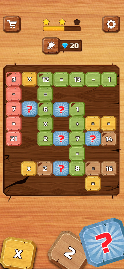 Math Games For Adults - 木製の背景に緑と赤のタイルの方程式が表示されたクロスワード風数学パズルのグリッド