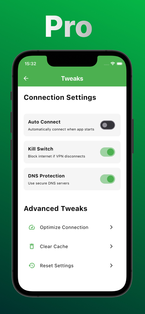 MX Tunnel Pro settings screen with VPN kill switch and DNS protection options