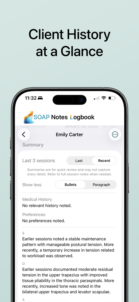 SOAP Notes Logbook - SOAP Notes Logbook interface showing a client history summary with clinical session notes.