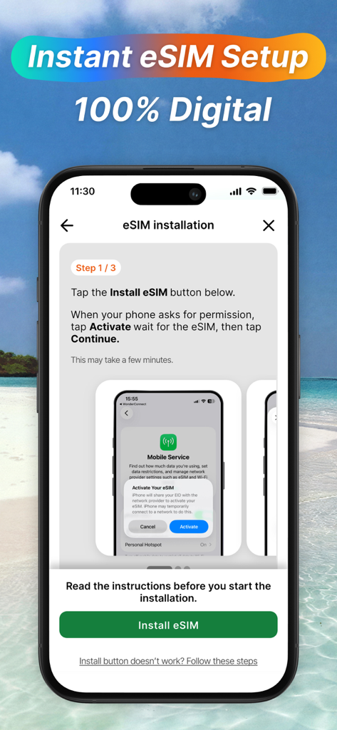 Smartphone screen showing the instant digital eSIM installation process for international travel