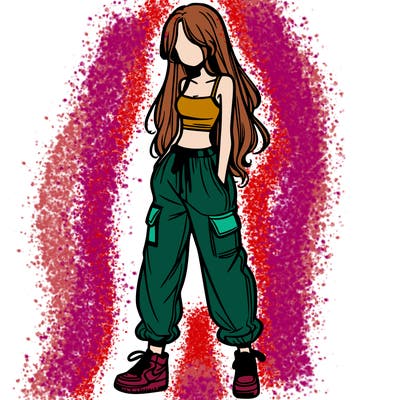 girl in baggy pants crop top and long hair