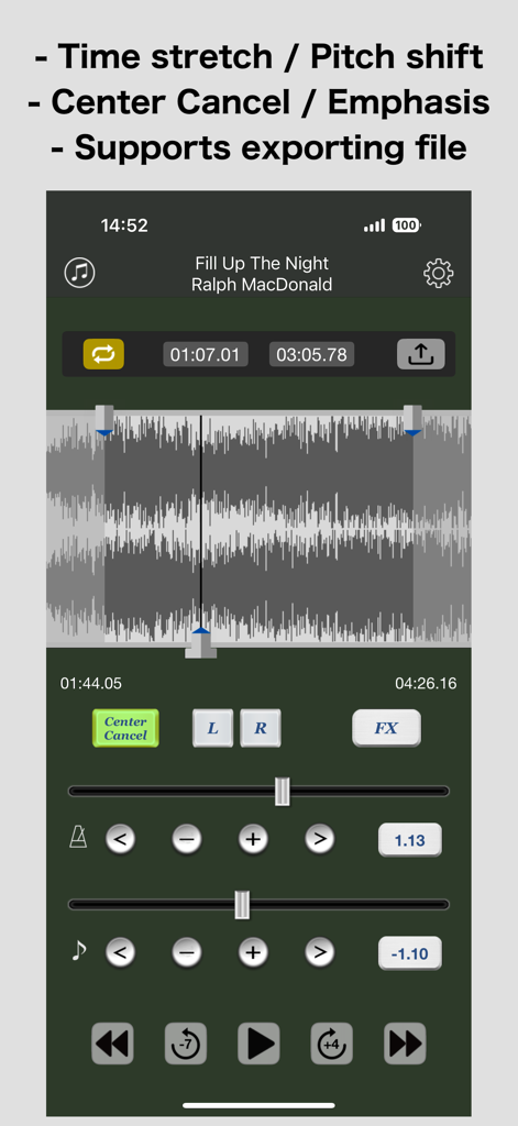 Audio Unit Player - Interfaz de procesamiento de audio de Audio Unit Player con vista de forma de onda y controles de cambio de tono