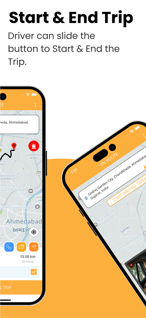 TaxiCube Driver app interface showing how to start and end trips with integrated Google navigation and trip details