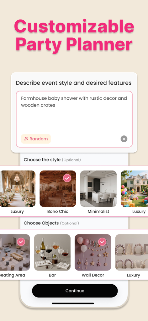 AI Event Planner~Party Design - A mobile app interface for customizing party designs including a text prompt for event styles and selection buttons for themes like boho chic and minimalist.