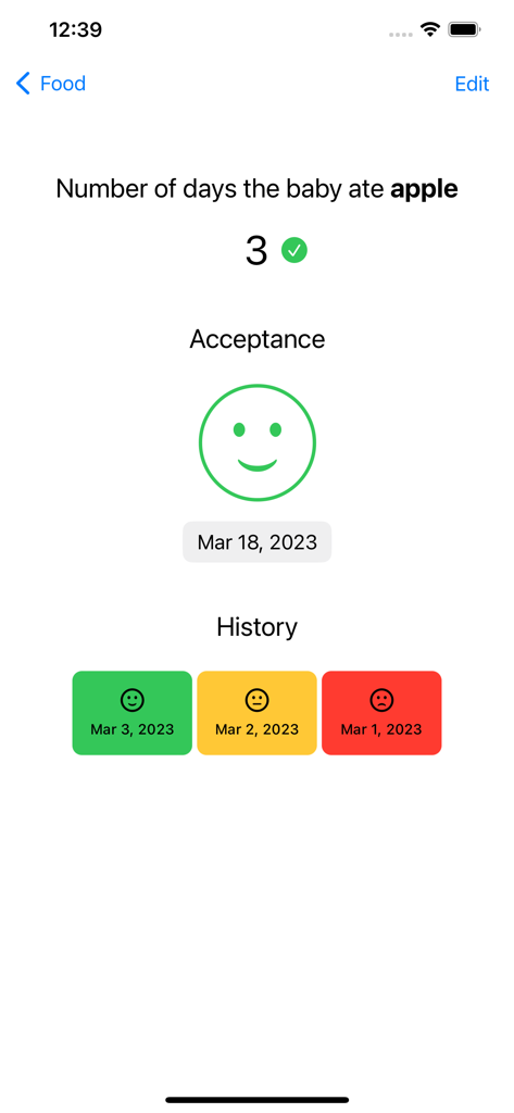 Baby Foods Tracker - Mobile app screen showing a history of baby food acceptance for apple with colored icons and dates