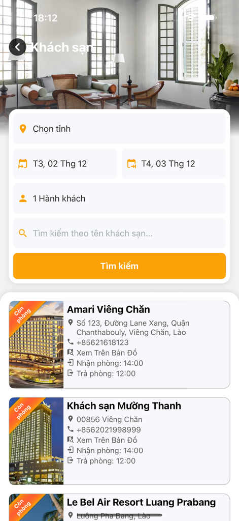 Lao Travel - Lao Travelアプリのホテル検索画面。ビエンチャンとルアンパバーンのリスティングが表示されています。