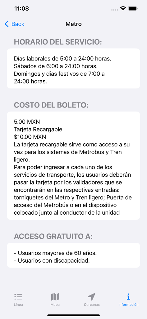 Information screen for the Mexico City Metro showing service hours and ticket prices