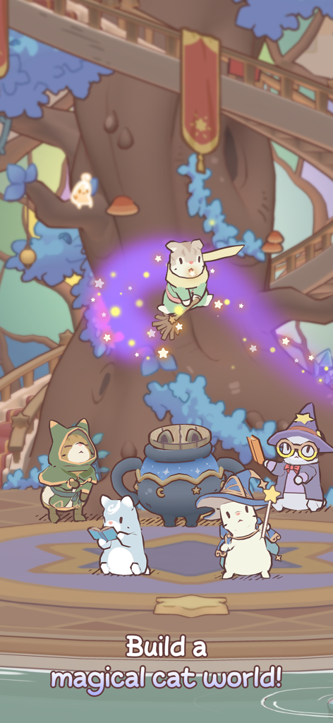 魔法使いの衣装と帽子をかぶった可愛い猫たちのグループが、魔法のツリーハウスの森にある大釜の周りに立っている。