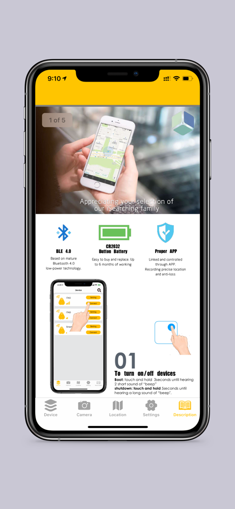 iSearching app screen showing Bluetooth tracker features and setup instructions